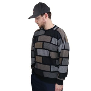 Jersey de cachemir vintage de los años 70 de Nordstrom Clan Douglas, tejido con estampado de ladrillos, talla grande para hombre.