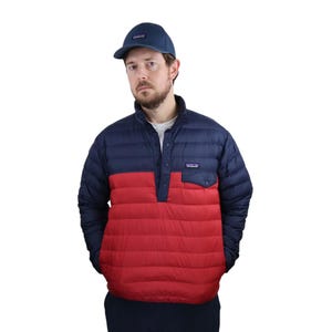 Y2K Patagonia Baggy Goose Down Snap-T Sweater Insulated Puffer Jacket Mens Size Medium Navy Blue Red Nano Puff Ski Hiking Outdoor Coat Parka