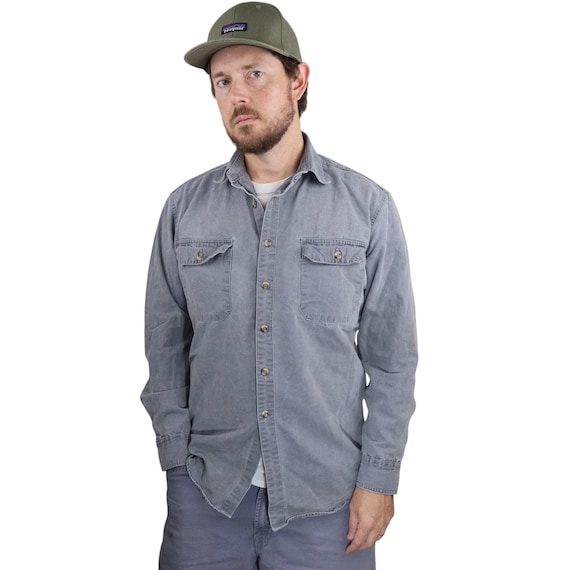 Patagonia, Vintage 80s 1987 Patagonia Canvas Denim Long Sleeve Button Down Shirt Shacket Mens Medium Retro Gray Work Fishing Shirt Outdoor Brushpopper