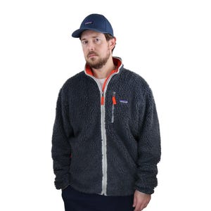 Vintage 2000s Patagonia Retro-X Cardigan Deep Pile Shearling Fleece Jacket Coat Mens Large Blue Orange Full Zip High Loft Sherpa Windproof