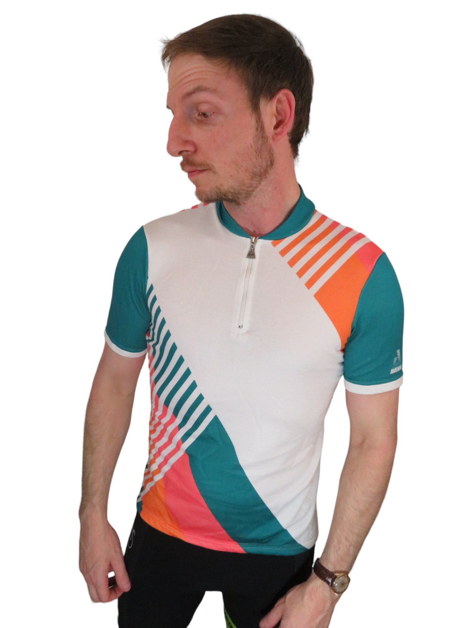 Maglia da ciclismo vintage anni '80 e '90 Avenir in tessuto a righe