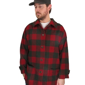 Vintage Pendleton Knockabout Virgin Wool Red Check Plaid Tweed 49er Over Coat Barn Jacket Womens Size Large Blazer Shore Office Made In USA