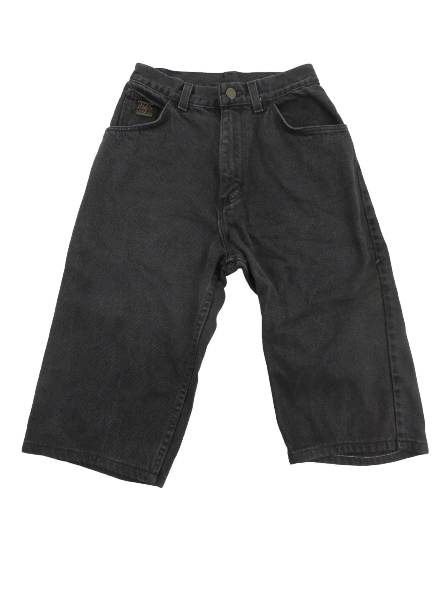 Vintage 90s Wrangler Jeans Black Loose Baggy Fit Long Bermuda Skater Jean Denim High Waist Rise Jorts Shorts Womens 6 24 Rockabilly Rocker