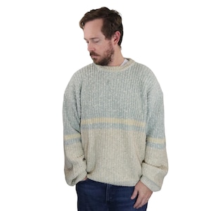 Vintage 80s 90s Heavyweight Chunky Knit Fisherman Stripe Grandpa Dad Crewneck Sweater Size XL Mens Womens Pullover Baggy Oversized Geometric