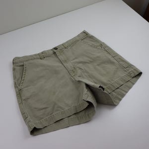 Vintage 90s Patagonia 5&quot; Cotton Canvas Denim Stand Up Hiking Shorts Size 34 35 36 Green Khaki Work Outdoors| Above Knee 5 inch Inseam |