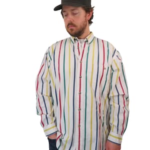 Vintage 90s Eddie Bauer Hudson Bay Striped Multicolor Dress Shirt Mens Size Large Rockabilly Mod Hipster Classic Blanket Office Casual