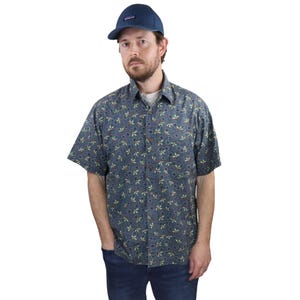 Vintage 80s 90s Malihini Sea Shells Floral Button Down Short Sleeve Hawaiian Shirt Mens Large Blue Green Made In Hawaii USA Aloha Camp Relax