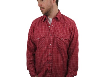 Karman Western Shirt Medium Large Long Sleeve Mens Vintage Plaid Cowboy Pearl Snap Striped 70s 80s Cowboy Cut 90s Rodeo Red White Check