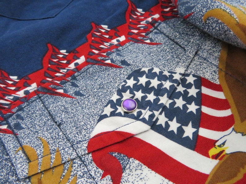 Vintage Cumberland Outfitters Mens Western American Flag Shirt Medium Eagle Cowboy Long Sleeve Pearl Snap Blue Red 4th Of July Americana