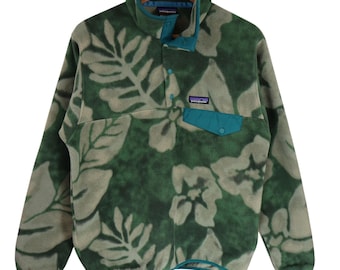 Vintage Y2K Patagonia Spice Garden Floral Hibiscus Hawaiian Synchilla Fleece Snap T Pullover Jacket Mens Small Medium Green Tan Sweatshirt