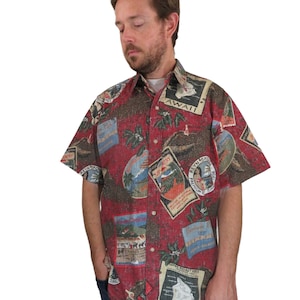 Vintage 90s Made In USA Reyn Spooner Kona Coffee Espresso Beans Hawaii Reverse Print Button Down Hawaiian Camp Shirt Mens Large Red Aloha