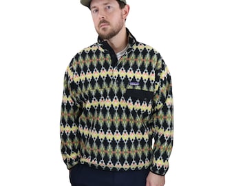 Patagonia Forest Carpet Aztec Tribal Synchilla Fleece Snap T Pullover Jacket Mens Medium Black Yelllow Orange Vintage Retro Coat Geometric