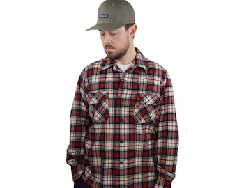 Camisa de franela de lana virgen con cuello de lazo y diseño a cuadros con degradado de Pendleton de los años 70 para hombre, de manga larga mediana y abotonada, fabricada en EE. UU.