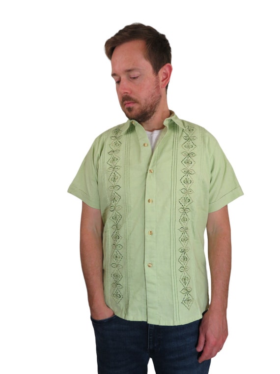 Vintage 70s 80s Guayabera Embroidered Floral Cigar