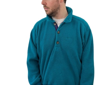 True Vintage 1990 Patagonia Men's Synchilla Fleece Henley Pullover Jacket Medium Sweater Teal Blue Purple Womens Unisex Ski Y2k 90s