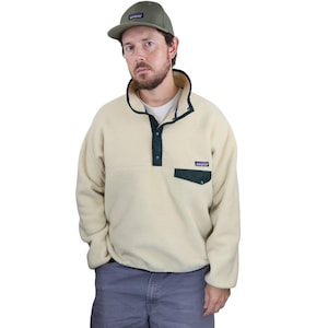 Vintage 90s Made In USA Patagonia Synchilla Fleece Snap T Pullover Jacket Mens Large Creme Hunter Green Sweater Sweatshirt Rare 1990s Coat