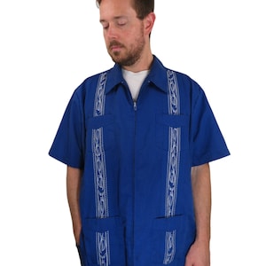 Vintage 70s 80s Haband Guayabera Cuban Floral Embroidered Mexican Panama Hawaiian Blue Shirt Mens XL Tropical Camp Full Zip Short Sleeve 90s