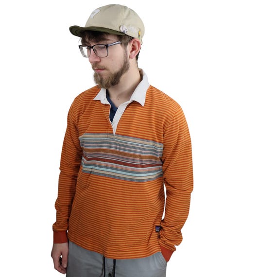 Patagonia, Vintage 90s Patagonia Sender Rugby Striped Heavyweight Long Sleeve Polo Shirt Womens Large Mens Small Orange Alpine Henley Climbing Soccer