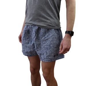 Vintage 90s Patagonia Nylon Aztec Tribal Fish Baggies 3.5&quot; Inseam Swim Shorts Trunks Mens XL Large 34 35 36 Blue Animal Print Rhythm Navajo
