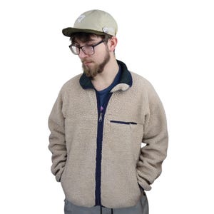 Vintage 90s 1997 Patagonia Retro-X Deep Pile Shearling Fleece Jacket Coat Mens Medium Oatmeal Beige Full Zip High Loft Sherpa Made In USA