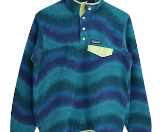 Vintage Y2K Patagonia Aurora Waves Aztec Synchilla Fleece Snap T Pullover Jacket Womens Medium Dark Borealis Green Blue Sweatshirt Sweater