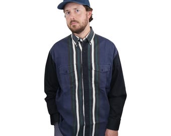 Vintage 90-tals Wrangler Brushpopper långärmad westernskjorta herr 16,5-35 randig färgblockscanvas blå svart grön cowboy