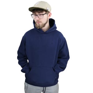 Vintage 90s Russell Athletics Made In USA Blank Solid Hoodie Fleece Hoody Sweatshirt Mens Medium Small Navy Blue Skater Skateboarding Retro