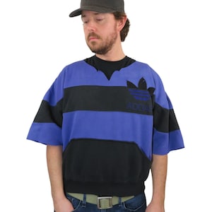 Vintage 90s Adidas Trefoil Striped Cropped Gym Rocky Work Out Sweatshirt Mens Size Large XL Short Sleeve Pullover Purple Boxing Running