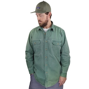 Vintage 80s 90s Patagonia Heavy Canvas Denim Long Sleeve Button Down Board Shirt Mens Large Garment Dyed Green Work Hunting Fishing Guide