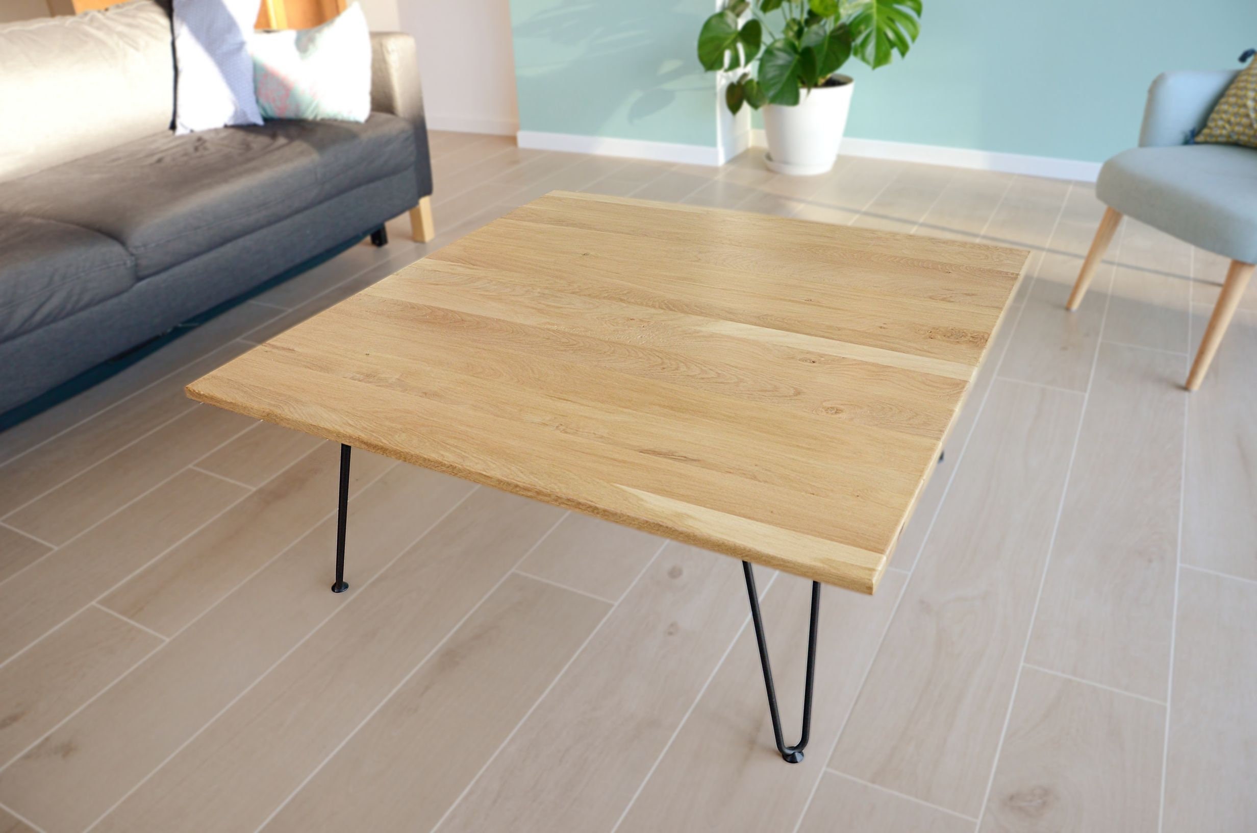 Table Basse Carré Chêne Structure Acier, Grande Dimension Design