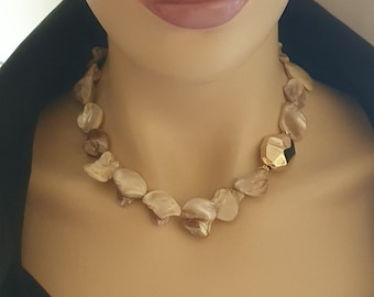 Beige Mother of Pearl Necklace Earring Set, Gold Detailed Chunky Dark Mother of Pearl Shell Necklace Earring Set, Statement Necklace
