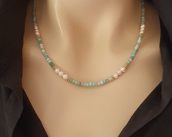 Elegant Amazonite and Pearl Necklace - Perfect Mother's Day Gift - Washer Cut 3.5*2.5mm Faceted Amazonite