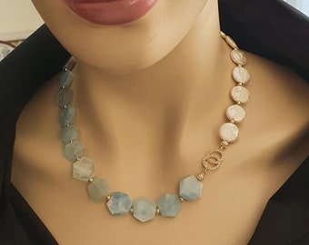 Aquamarine And Baroque Pearl Necklace, Aquamarine Crystal Baroque Pearl Necklace. Baroque Pearl And Aquamarine Bead Necklace