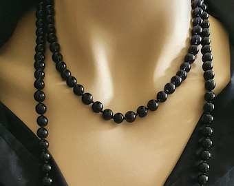 Black Long Onyx Natural Stone Necklace, Multilayer Grounding Beads Necklace, 8mmHealing Beads Jewelry