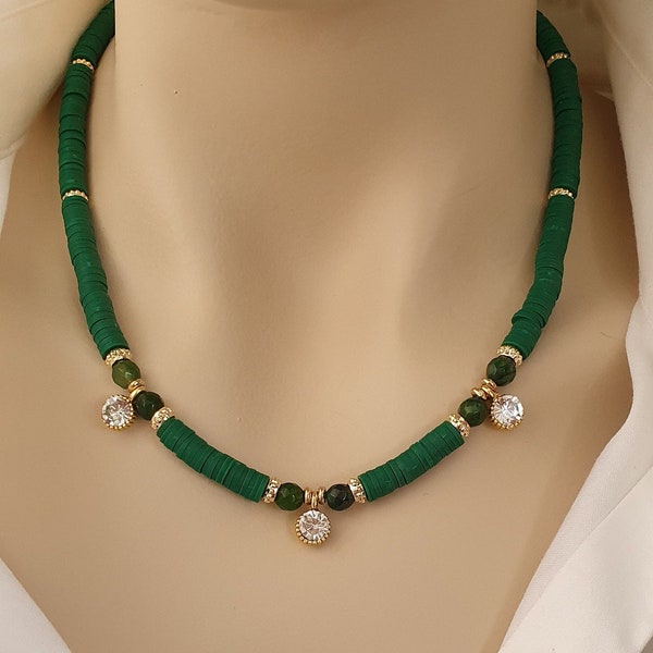 Green Color Heishi Bead Choker I Green Agate Stone Fimo Necklace I Surfer Collar I Polymer Clay Discs Colored Beads