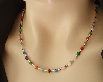 Multi-Gemstone Choker, Tiny Mixed natural stone beads necklace, Gold Rainbow Necklace, gift for wife, Gift idea for Mother's Day