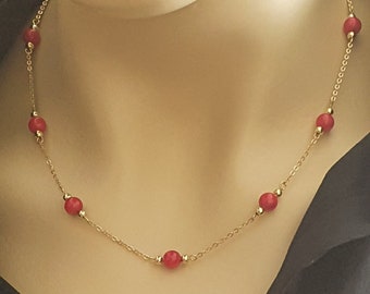 Red Coral Necklace, Gold Plated Chain Women's Necklace, Natural Stone Coral Choker