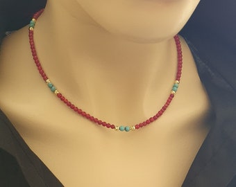 Red Coral Necklace, Coral, and Turquoise Bead Necklace, 3mm Coral Bead Choker, Simple Minimalist Necklace