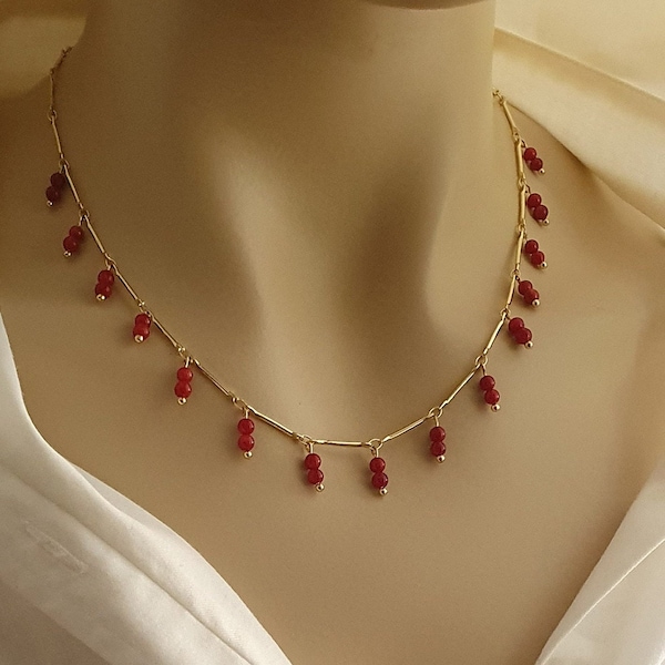 Red Coral Necklace, Coral Beads Dangling Choker, Elegant Small Stone Choker, Unique gold-plated chain