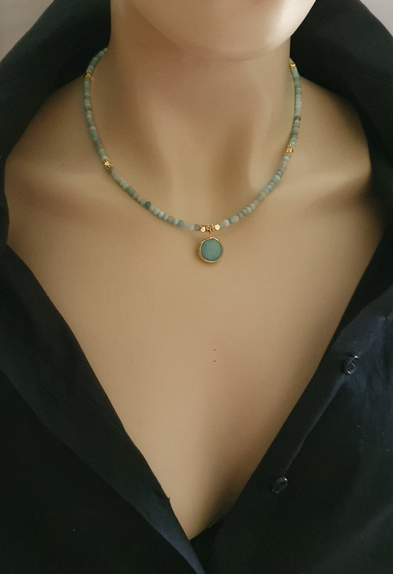 Faceted Amazonite Necklace, 3.5mm Micro Faceted Amazonite Necklace