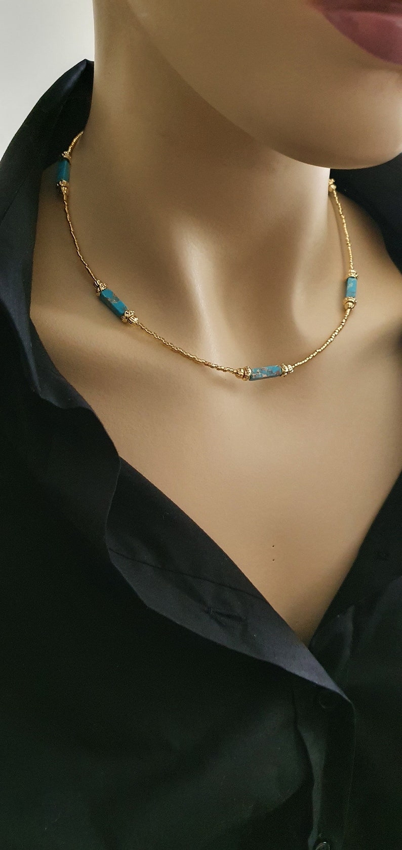 COLORFUL BLING Turquoise Beaded Choker Necklace | Handmade Healing Crystal, Carnelian, 16+2 Inch
