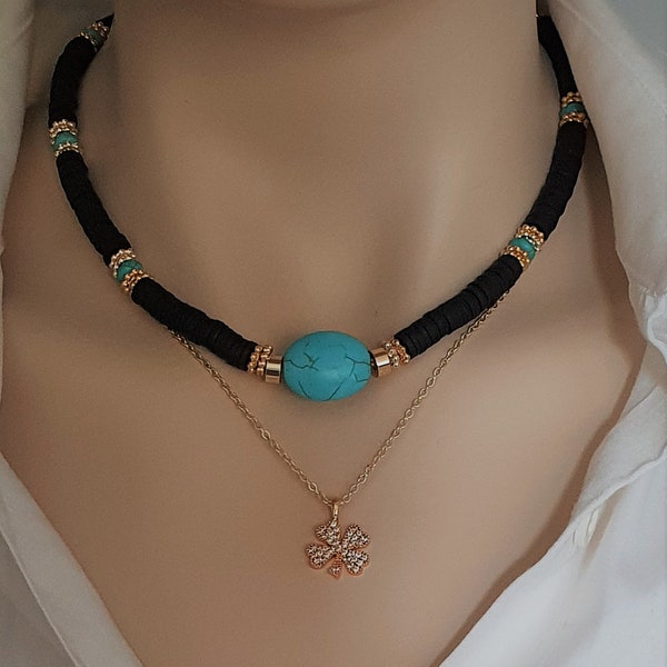 Collier de perles Heishi, tour de cou surfeur, collier fimo pierre naturelle turquoise, collier d'été Heishi noir