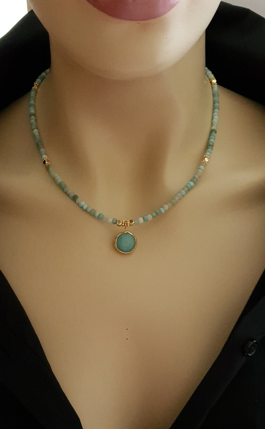 Faceted Amazonite Necklace, 3.5mm Micro Faceted Amazonite Necklace