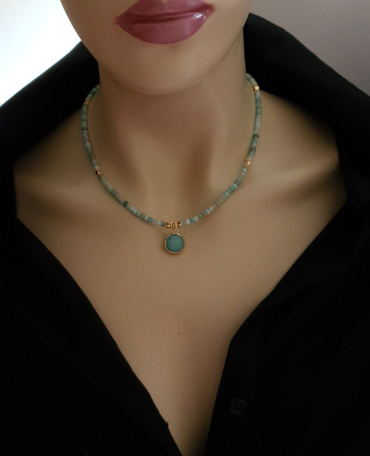 Faceted Amazonite Necklace, 3.5mm Micro Faceted Amazonite Necklace