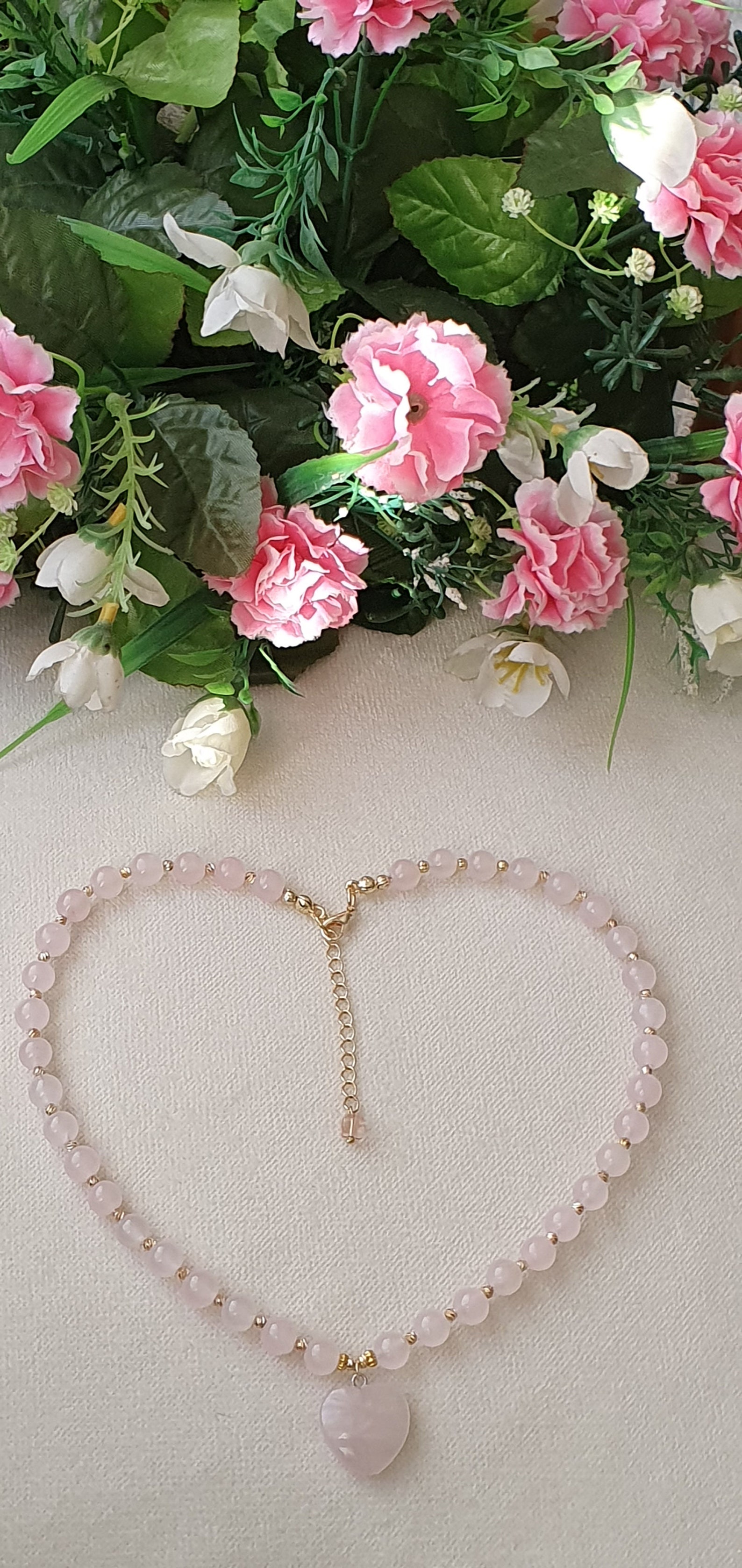 Natural Rose Quartz Heart Necklace, Small Heart Pink Beads Necklace