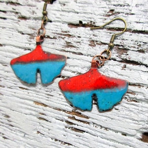 Enamel jewelry earrings blue red no. 342 Ginkgo leaf backside white pink Drop earrings Enamel on copper Handmade