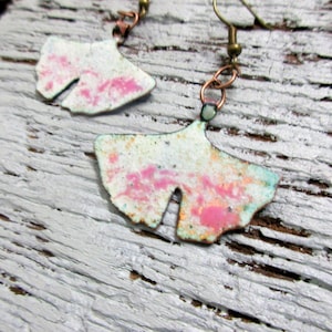 Enamel jewelry earrings white pink no. 341 Gingko leaf backside blue violet Drop earrings Enamel on copper Handmade