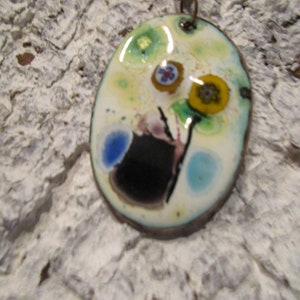 Necklace with pendant enamel on copper No 191 50s - Style, still life with flower vase, unique, handmade