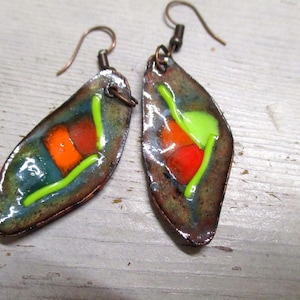 Earrings leaf hanging earrings No 266 enamel on copper handmade unique enamelled