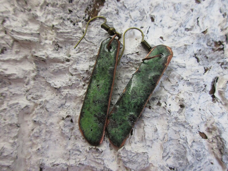 Handmade earrings chopsticks green-turquoise No 186 hanging earrings enamel on copper